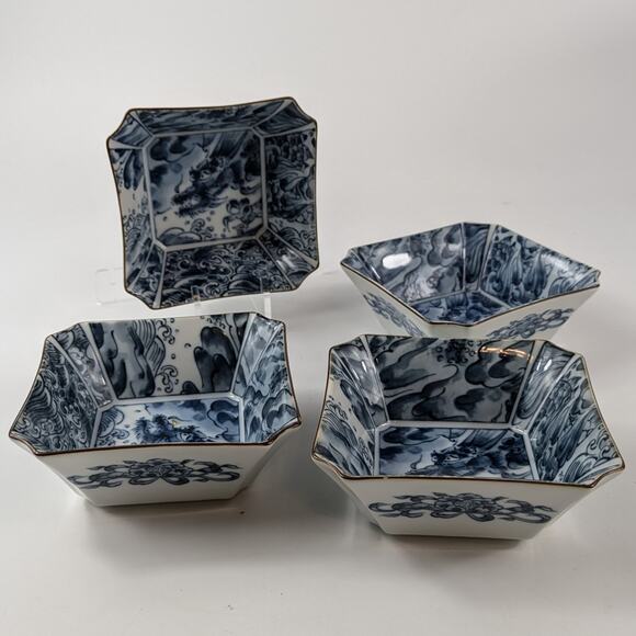 Fitz & Floyd Sea Dragon Bowls Lot 4 Chinoiserie Blue White Vtg 70s Fruit Sauce - Picture 1 of 9
